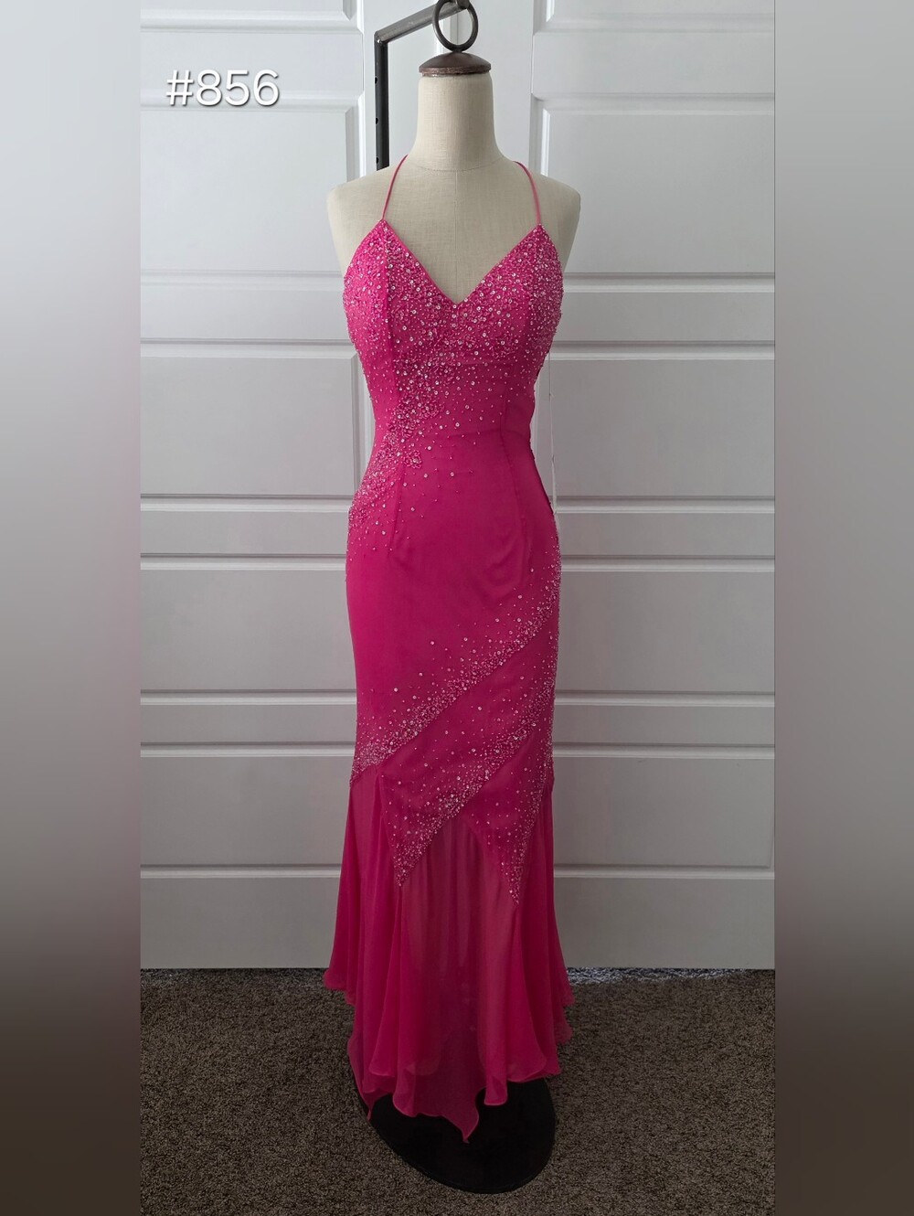 Fuchsia Pink Beaded Spaghetti Strap Evening Gown